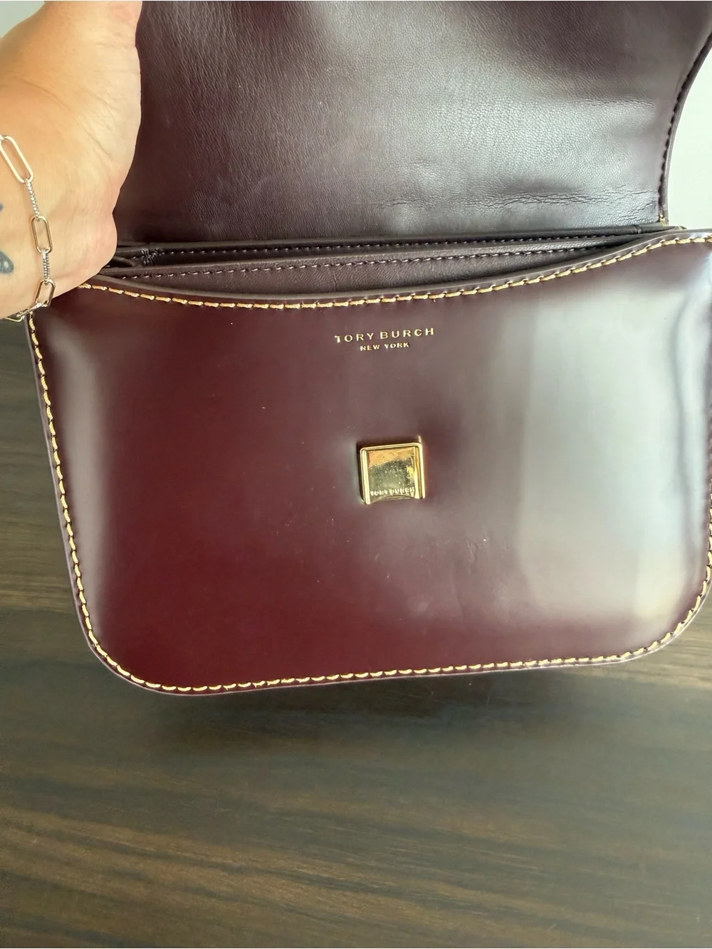 Tory Burch Convertible Chain Crossbody Bag in Burgundy with Gold Hardware